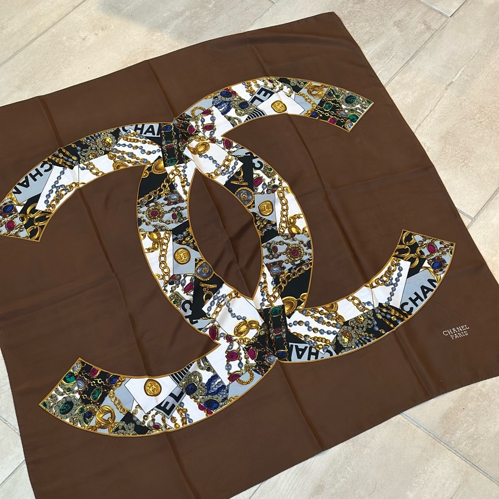CHANEL Multicolor Brown Silk Scarf with Jewel Accents, Iconic CC Logo - Picture 4 of 4